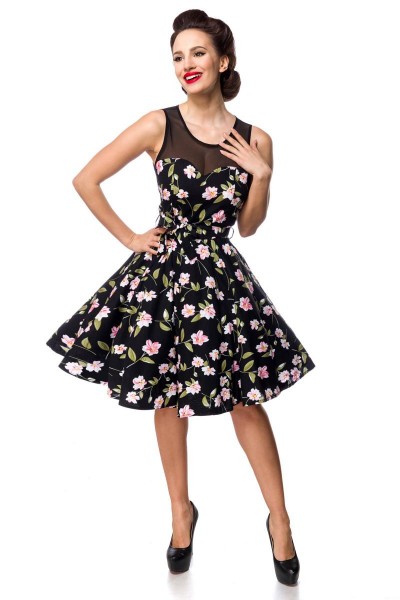 Schulterfreies Swing-Kleid mit Dots - schwarz/rosa